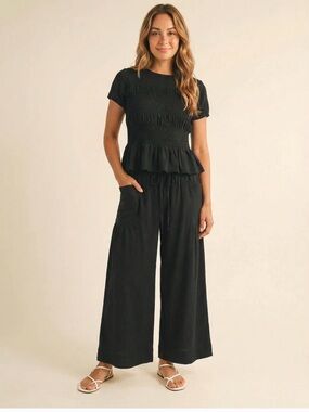 Smocked Peplum Wide-Leg Jumpsuit - Black